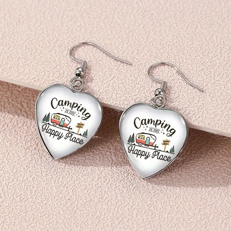 Camping is My Happy Place Heart Shaped Earrings