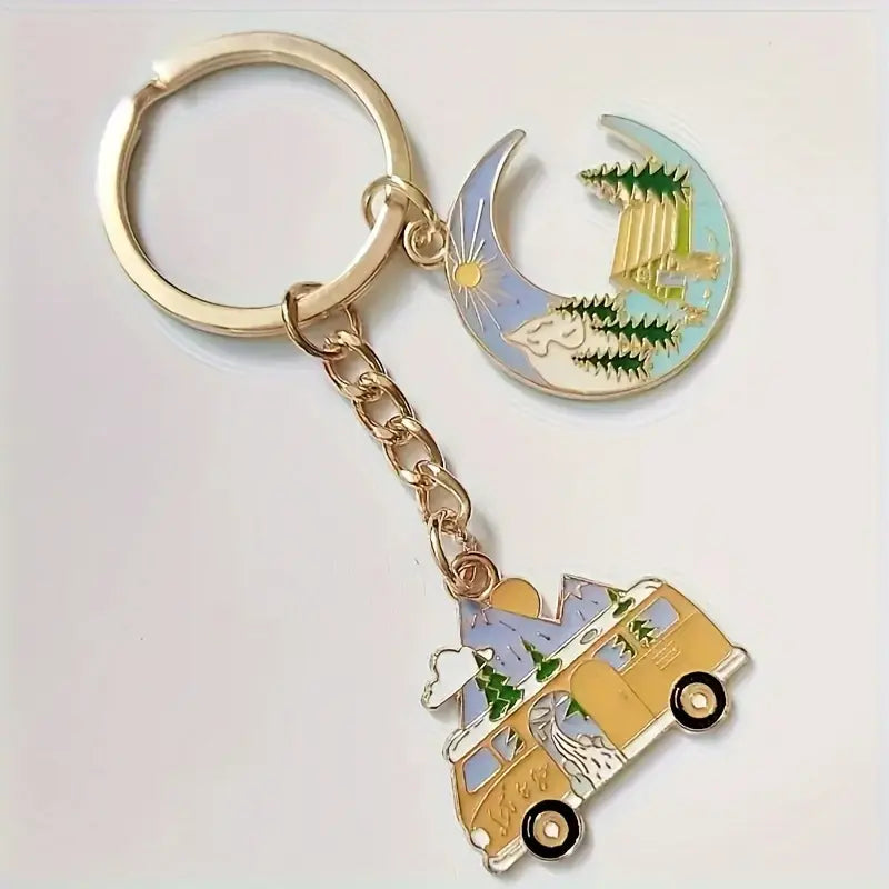 Volkswagen Bus + Crescent Moon Scene Keychain
