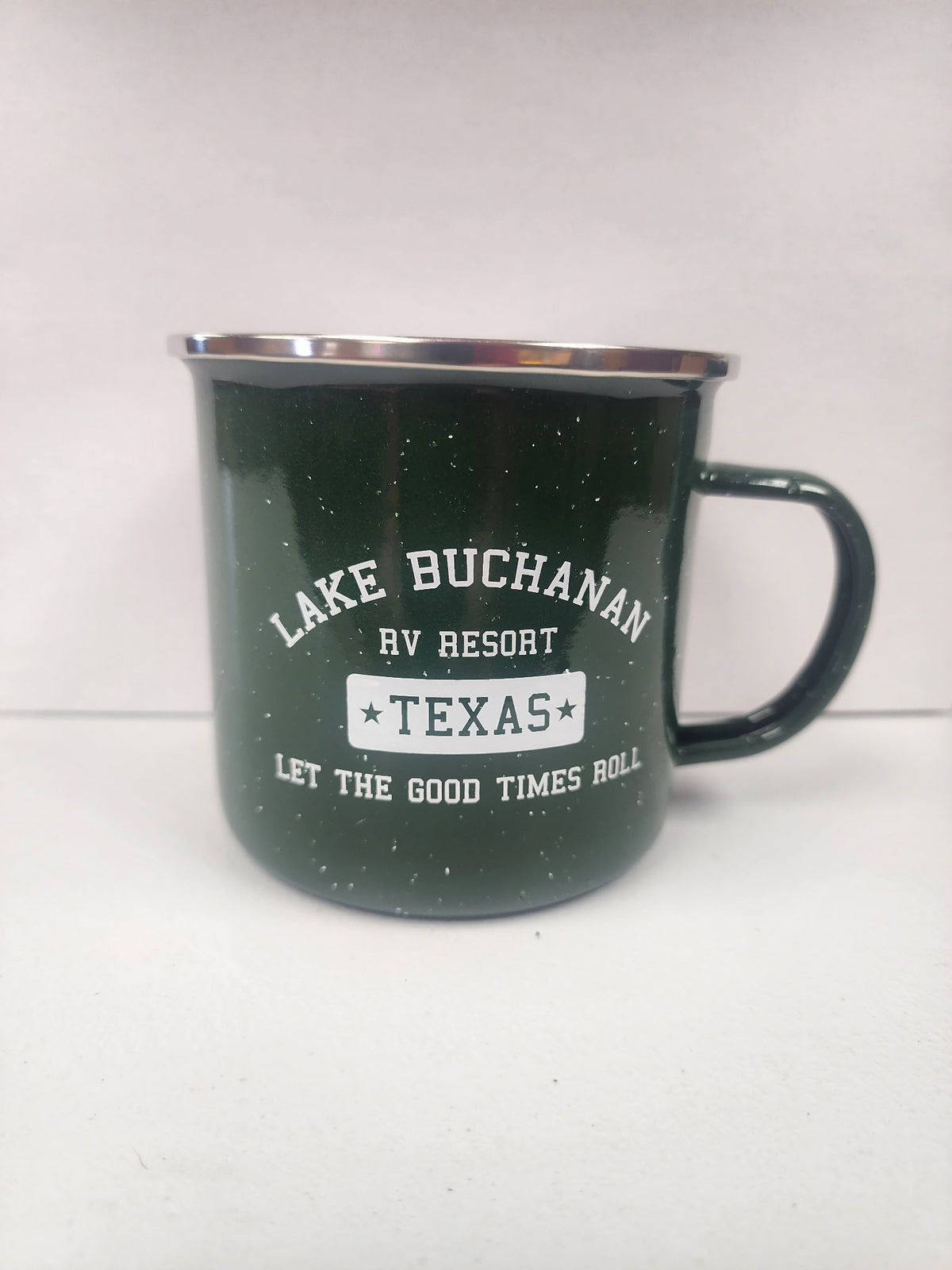 Lake Buchanan RV Texas Collegiate Logo Speckled Camp Mug