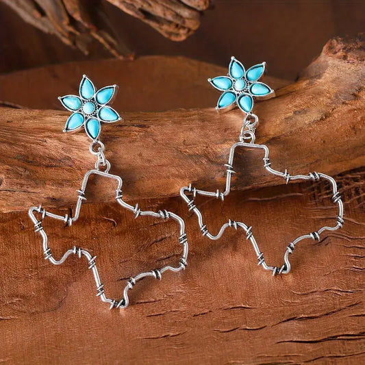 Texas Outline + Turquoise Flower Earrings