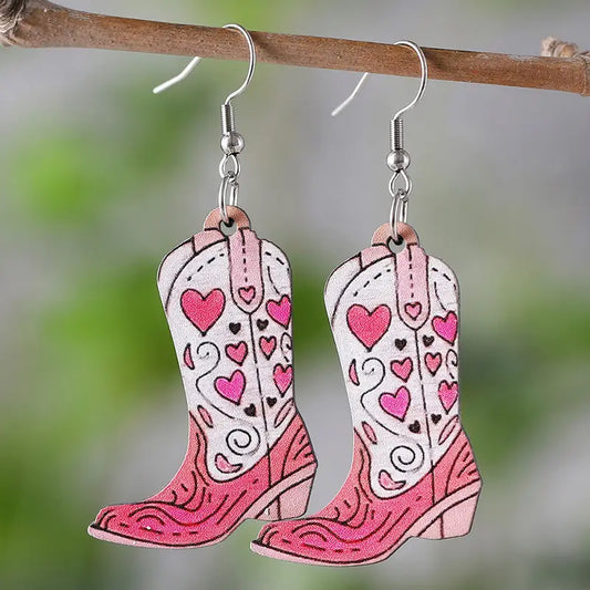 Pink Flower Cowboy Boot Wooden Earrings