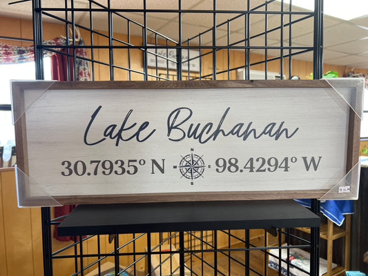 Lake Buchanan Coordinates Wooden Sign