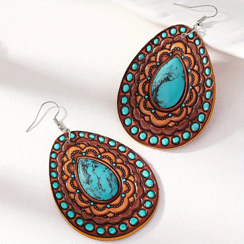 Turquoise Teardrop Faux Leather Earrings